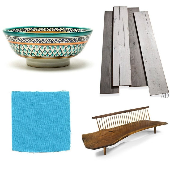 <p>With a renovation under way that included replacing wide oak planks (upper right) with poured concrete, Paulson has her eye on decorating. Her taste includes a floating walnut wood bench for her steam shower (like the one at lower right), lots of turquoise and fuchsia, and French Moroccan farmhouse decor.</p>