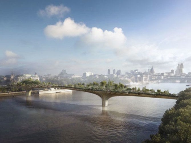 A rendering of the Thomas Heatherwick-designed Garden Bridge in London. A project that was supposed to be finished in a year, but has since been cancelled.