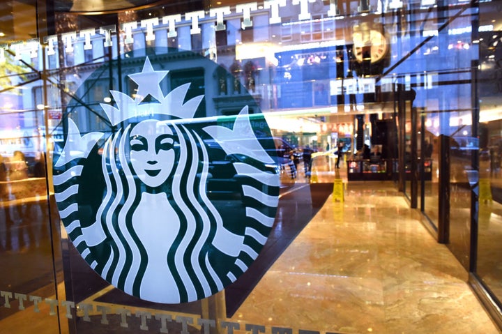 A shot of the Starbucks sign in Trump Tower on 5th Avenue.