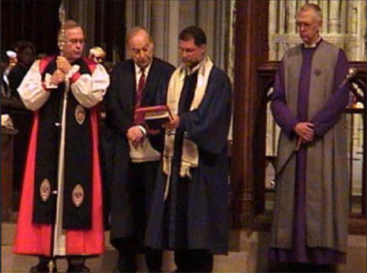 <p>Ahmed (second from left) is honored in an unprecedented 2005 Evensong at the Washington National Cathedral by Bishop John Chane, the Episcopal Bishop of Washington. </p>