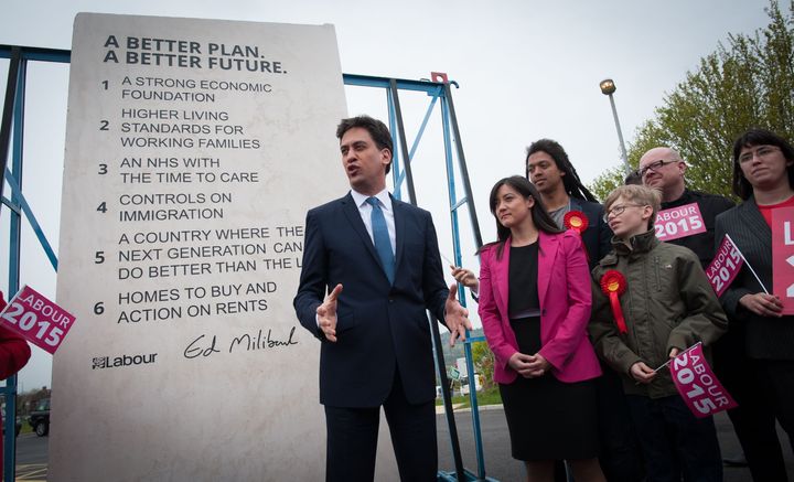 Ed Miliband with his Labour election pledges carved into a stone plinth during the 2015 general election campaign. Things have only got better.