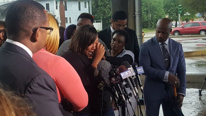 Alton Sterling's aunt, Sandra Sterling, cries at a news conference held by his family after the Department of Justice decided not to charge the police officers involved in his shooting death.
