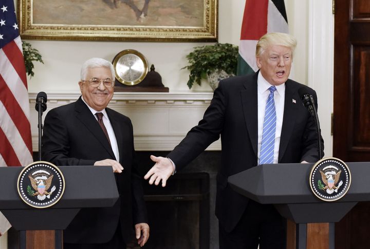 President Donald Trump gives a joint statement with President Mahmoud Abbas of the Palestinian Authority in the Roosevelt Room of the White House on May 3, 2017.