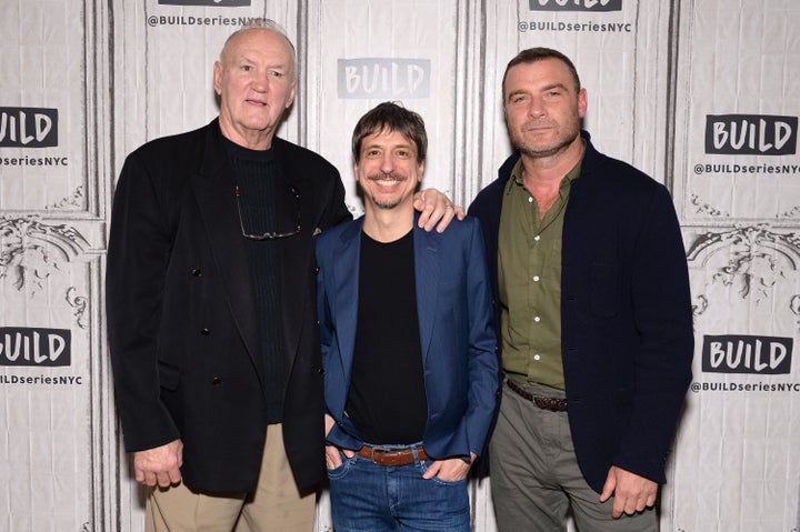 Boxer Chuck Wepner, director Philippe Falardeau and Liev Schreiber attend the Build Series to discuss the film 'Chuck' at Build Studio on April 28, 2017 in New York City.