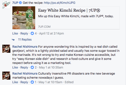 Rachel Nishimura, who's South Korean Japanese American, grew up eating her mom's homemade kimchi. She found 7Up's recipe culturally insensitive and went to the company's Facebook page to vent her concerns.