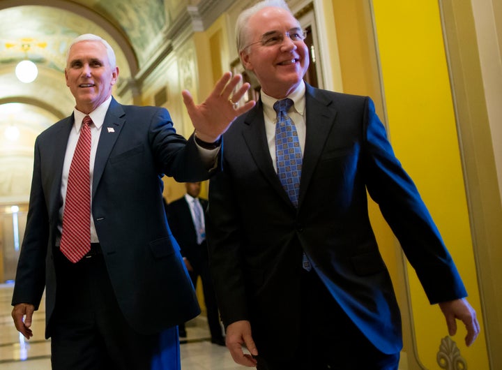 Vice President Mike Pence, left, with Health Secretary Tom Price on Capitol Hill on Wednesday, singled Price out as part of the White House's anti-abortion "A-team."