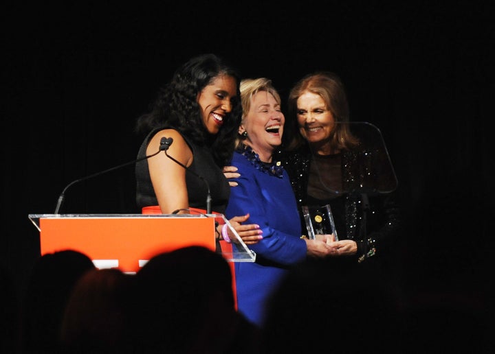 (L-R) Teresa C. Younger, Former US Secretary of State and WOV Honoree, Hilary Clinton and Gloria Steinem pose onstage at Ms. Foundation for Women 2017 Gloria Awards at Capitale on May 3, 2017 in New York City.