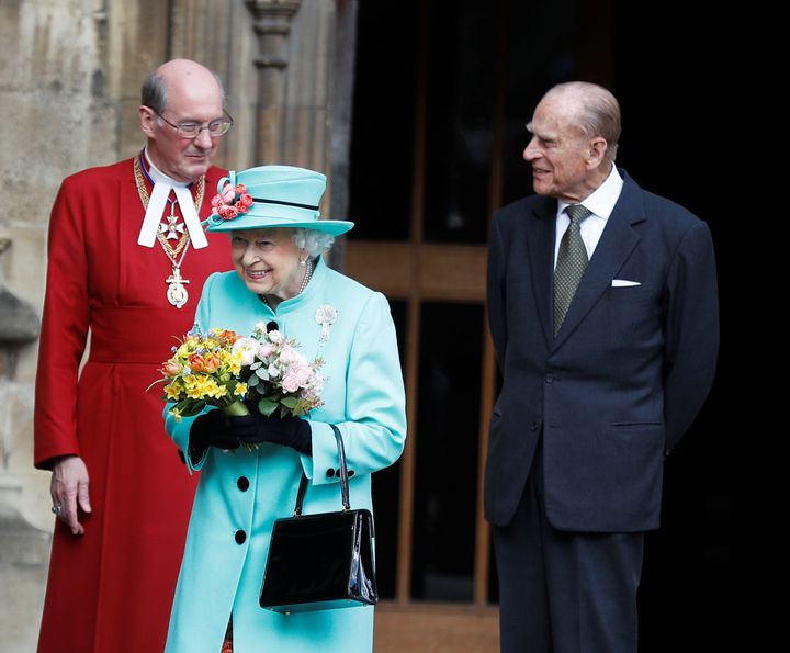 Queen Elizabeth II and the Duke of Edinburgh leave following the Easter Sunday service at St George's Chapel at Windsor last month