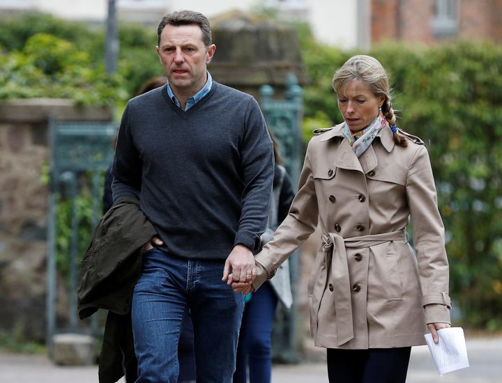 Madeleine McCann's parents, Gerry and Kate, arrive at a service to mark the 10th anniversary of her disappearance at a church in Rothley on Wednesday