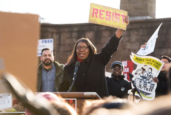 Public advocate Letitia James protests in NYC in January. 