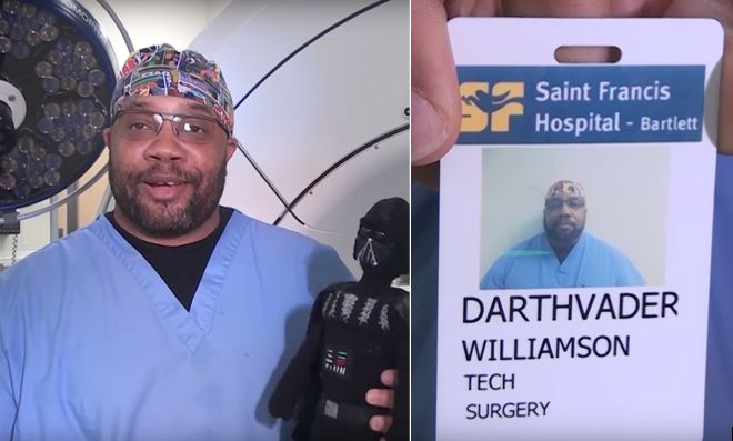 Darthvader Williamson, 39, is seen at St Francis Hospital-Bartlett in Tennessee where he's a surgery technician.