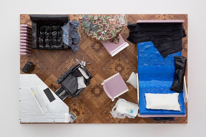 <p>Samara Golden, <em>The Meat Grinder's Iron Clothes are mine</em>, 2017, baltic birch, vinyl flooring, foam, resin, wire, plastic and fabric. Courtesy of the artist and Night Gallery. At Frieze New York.</p>