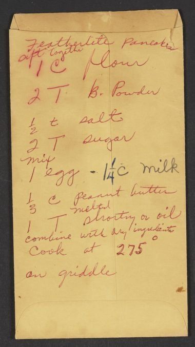Rosa Parks' "featherlite pancakes" recipe written on the back of an envelope.