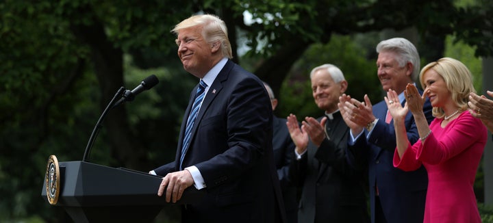 U.S. President Donald Trump speaks during a National Day of Prayer event at the Rose Garden of the White House in Washington