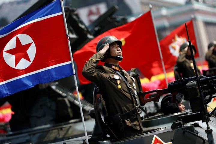 A soldier salutes during North Korea's military parade on April 15.