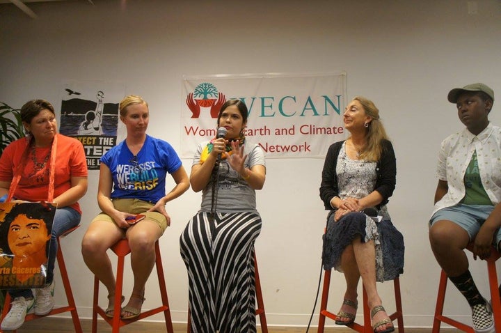 <p><strong>Panel Two</strong> (from left to right): Angela Adrar (Our Power Campaign); May Boeve (350.org); Tara Houska (Anishinaabe Peoples, tribal attorney, National Campaigns Director of Honor the Earth); Sally Coxe (Bonobo Conservation Initiative); and Victoria Barrett (Youth Plaintiff, Our Children's Trust).</p>