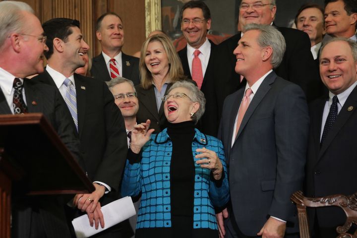 House Speaker Ryan, second from left, and House Republicans joyfully celebrate at the Capitol after the American Health Care Act vote Thursday.