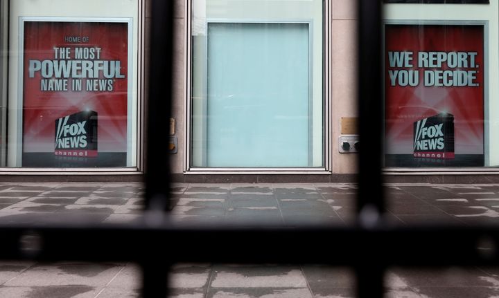 A white board is seen where a poster for former Fox News Channel anchor Bill O'Reilly used to hang outside News Corp. headquarters in New York City on April 20.
