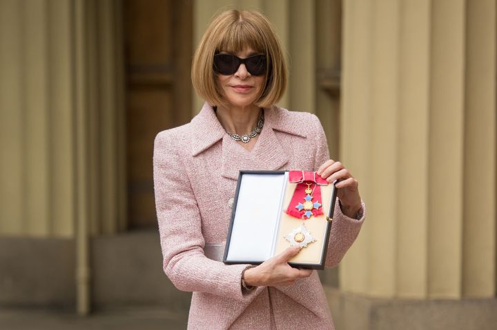 Anna Wintour poses after receiving her Dame Commander from Queen Elizabeth II at an Investiture ceremony at Buckingham Palace on 5 May 2017 in London, England. 