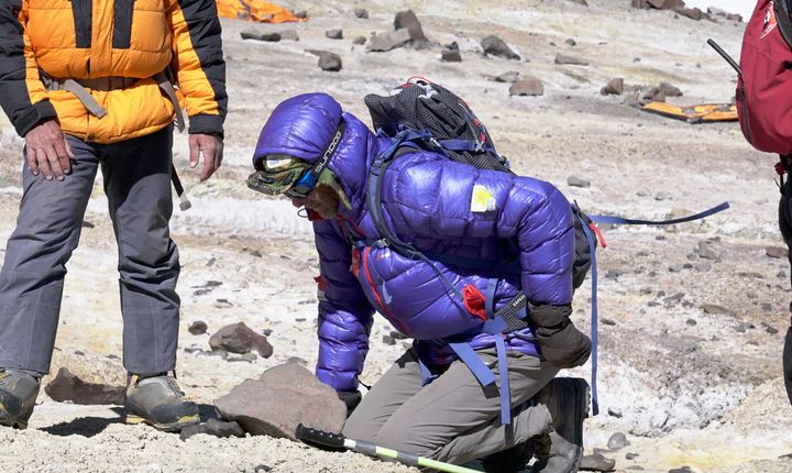 Sir Ranulph Fiennes makes his way down Aconcagua in the Andes after being struck down with a bad back.