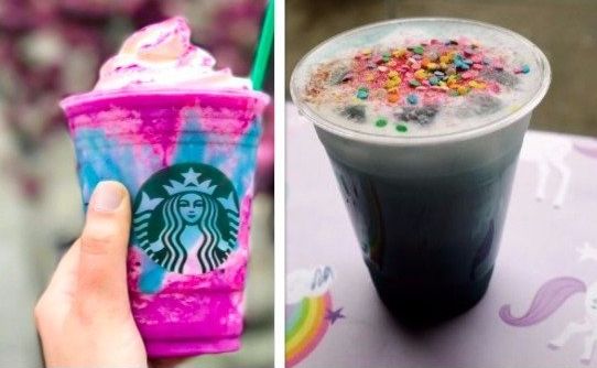 The unicorn frappuccino from Starbucks, left, and the unicorn latte from The End Brooklyn
