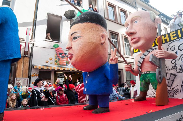 A float featuring Kim Jong-Un and Vladimir Putin at the Rosenmontag parade on February 8, 2016, in Cologne, Germany.