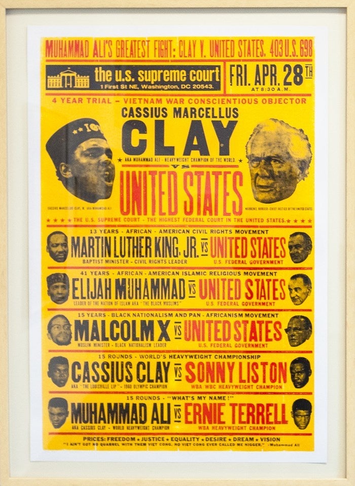 <strong>Kevin Bradley</strong> <em>Clay vs United States</em> 2016. Letterpress print.
