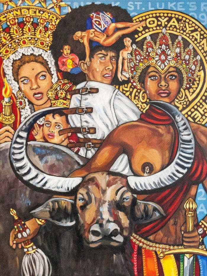 Lili Bernard Self-Portrait in Straight Jacket Surround by 7 Potencias Africanas with Kathleen Cleaver as La Virgen de La Candelaria and Assata Shakur as La Orisha Oya-Yansa 2017. Oil on canvas
