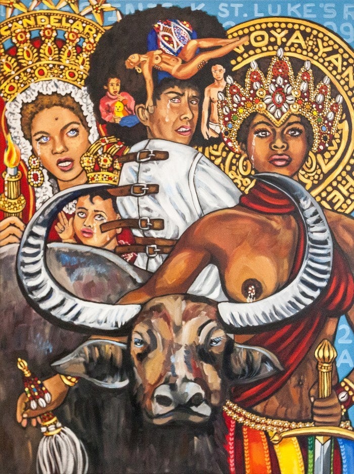 <strong>Lili Bernard</strong> <em>Self-Portrait in Straight Jacket Surround by 7 Potencias Africanas with Kathleen Cleaver as