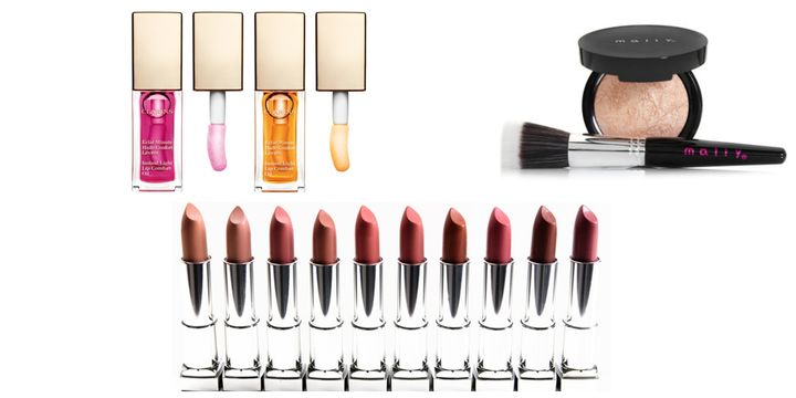 Instant Light Lip Comfort Oils from Clarins, Glowing Goddess Luminizer from Mally Beauty, and Inti-Matte Nude Lipsticks from Maybelline New York. 
