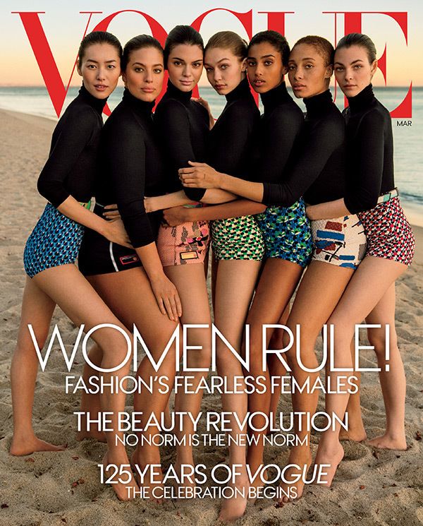 Ashley Graham, second from left, poses with other models including Kendall Jenner (third from left), Gigi Hadid (to the right of Kendall) and Karlie Kloss (far right). This is significant as Graham is the most accepted and acclaimed plus size model by the mainstream media to date.