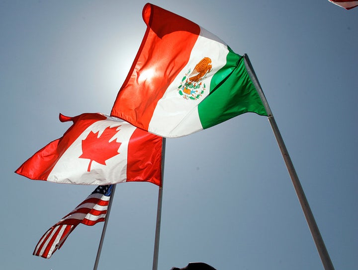 The flags of the United States, Canada and Mexico fly in the breeze in New Orleans in 2008. 