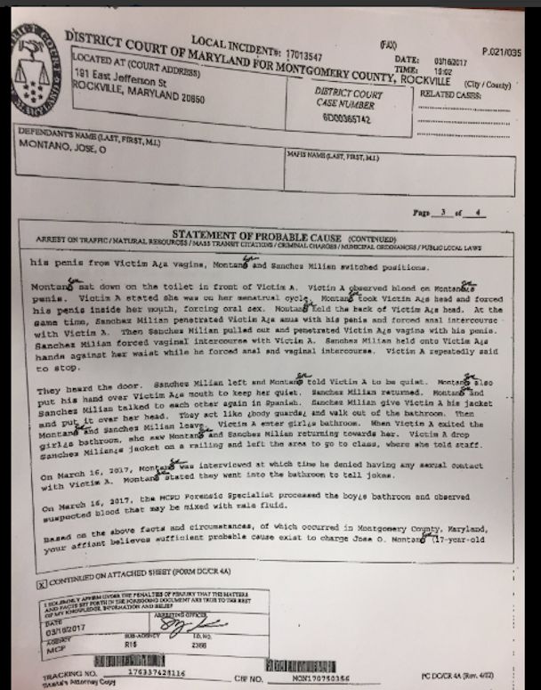 Part of the probable cause statement in Rockville High School rape case. The statement reveals inconsistency in the story initially told by the defendant to the police, as well as the presence of blood and male body fluid at the crime scene, and describes a gang rape. 