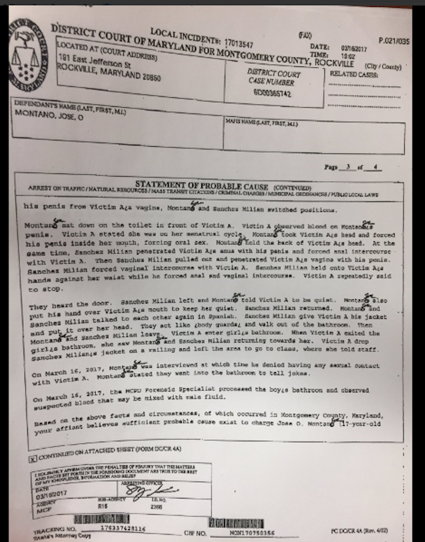 Part of the probable cause statement in Rockville High School rape case. The statement reveals inconsistency in the story initially told by the defendant to the police, as well as the presence of blood and male body fluid at the crime scene, and describes a gang rape. 