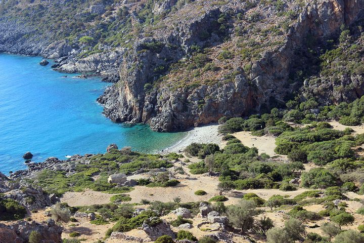 The ancient harbor of Lissos in the distance on the hiking trail from Sougia 