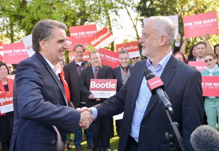 Steve Rotheram congratulated by Jeremy Corbyn after his Metro Mayor win.