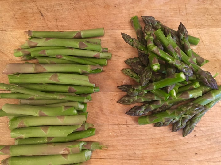 Save the tips and the fibrous ends (not pictured) for another dish; here you’ll use only the middle part (left)