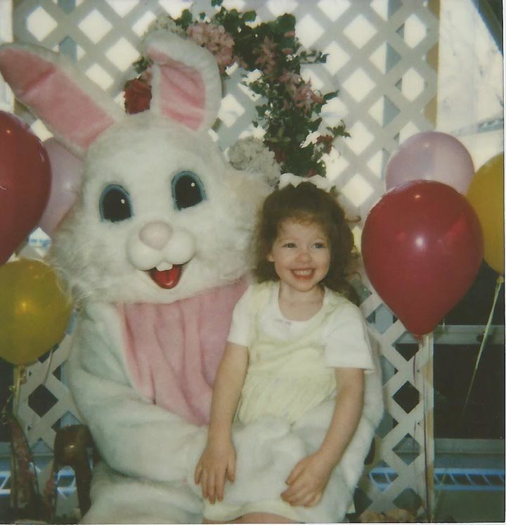 My five-year-old self with an only somewhat creepy Easter bunny, probably thinking about the matzo ball soup I’d eat at Passover the next day.