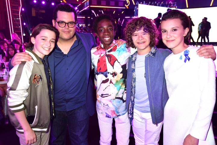 Noah Schnapp, Josh Gad, Caleb McLaughlin, Gaten Matarazzo and Millie Bobby Brown attend the 2017 MTV Movie And TV Awards.