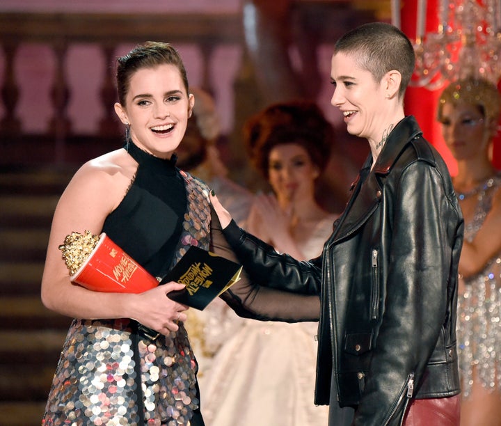 Actor Asia Kate Dillon, right, presented Watson with the award.