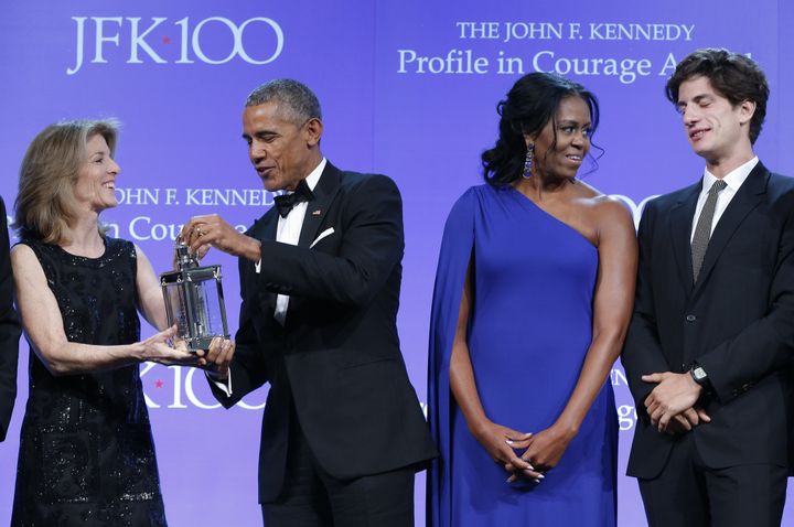 Looking royal (blue) with Caroline Kennedy, Barack Obama and Jack Schlossberg. 