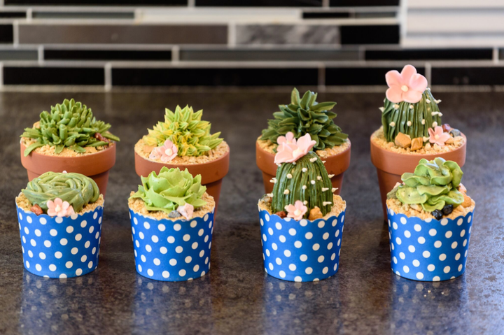 Baker Jennifer Riley uses buttercream frosting in various colors to create the plants, crumbled graham cracker to create the sand and fondant to create the flowers.