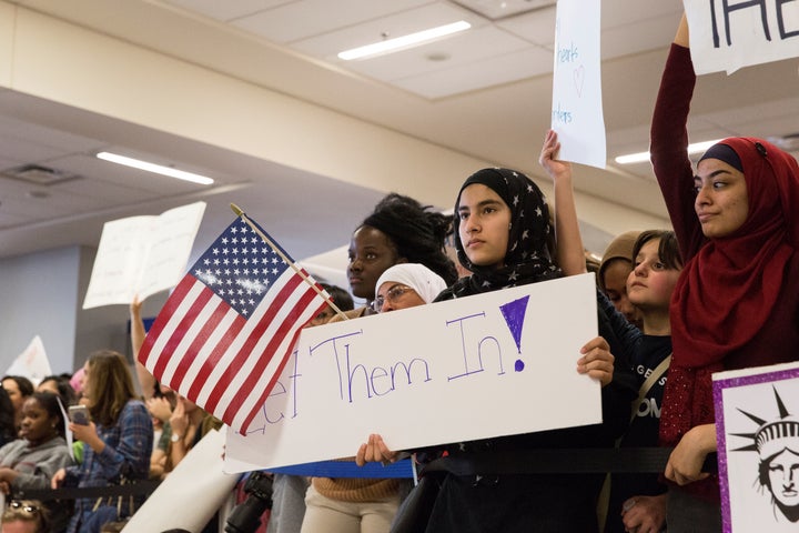 President Donald Trump's executive order on travel from Muslim-majority nations draws protests at Dallas/Fort Worth International Airport on Jan. 29. On the campaign trail, Trump often spoke of a ban on Muslims entering the U.S. 