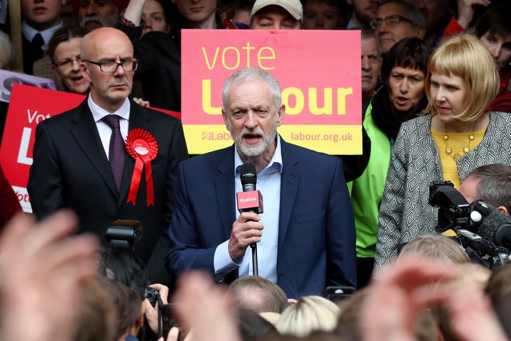 <strong>Labour party leader Jeremy Corbyn speaks outside at Leamington Spa Town Hall.</strong>