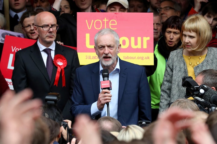 <strong>Labour party leader Jeremy Corbyn speaks outside at Leamington Spa Town Hall.</strong>