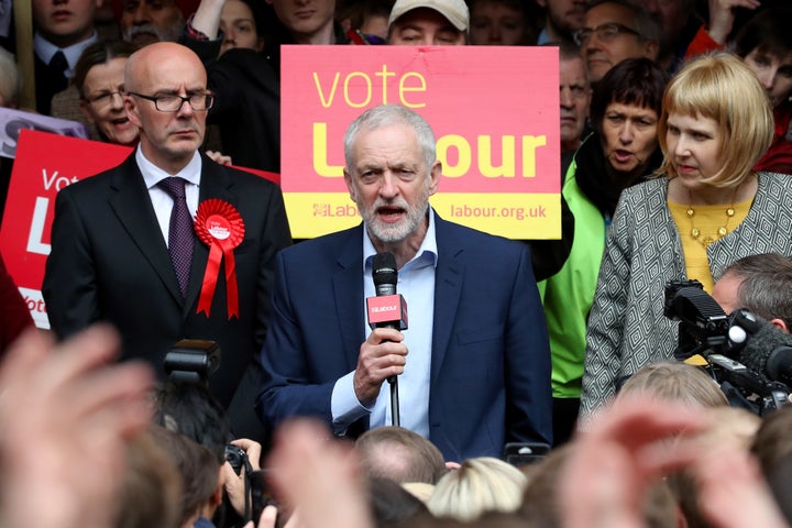 Labour party leader Jeremy Corbyn speaks outside at Leamington Spa Town Hall.