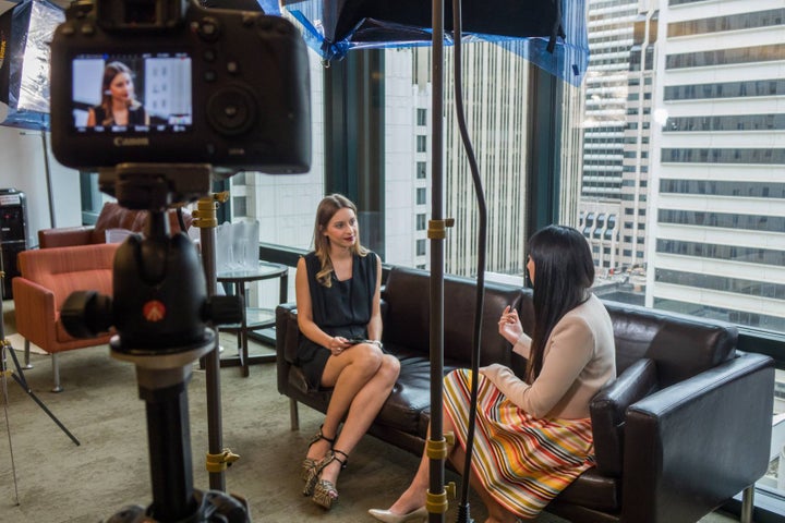 <p>Sylwia Gorajek interviewing Angela Anthony, CEO of Scoutible</p>
