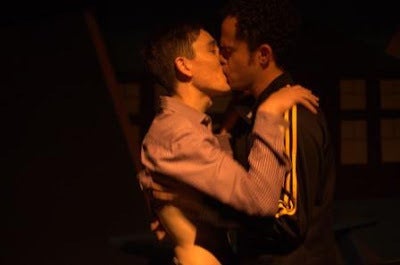 Beethoven (Ryan Engstrom) and CB (Michael Brown) nervously share a first kiss in Dog Sees God