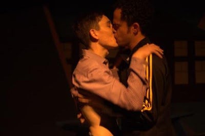 Beethoven (Ryan Engstrom) and CB (Michael Brown) nervously share a first kiss in Dog Sees God 