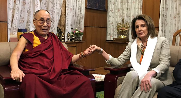 House Minority Leader Nancy Pelosi met with the Dalai Lama Tuesday at his headquarters in Dharamsala, India.